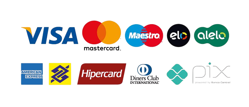 Métodos de pagamento aceitos: Visa, Mastercard, Maestro, Elo, Alelo, American Express, Banco do Brasil, Hipercard, Diners Club e Pix